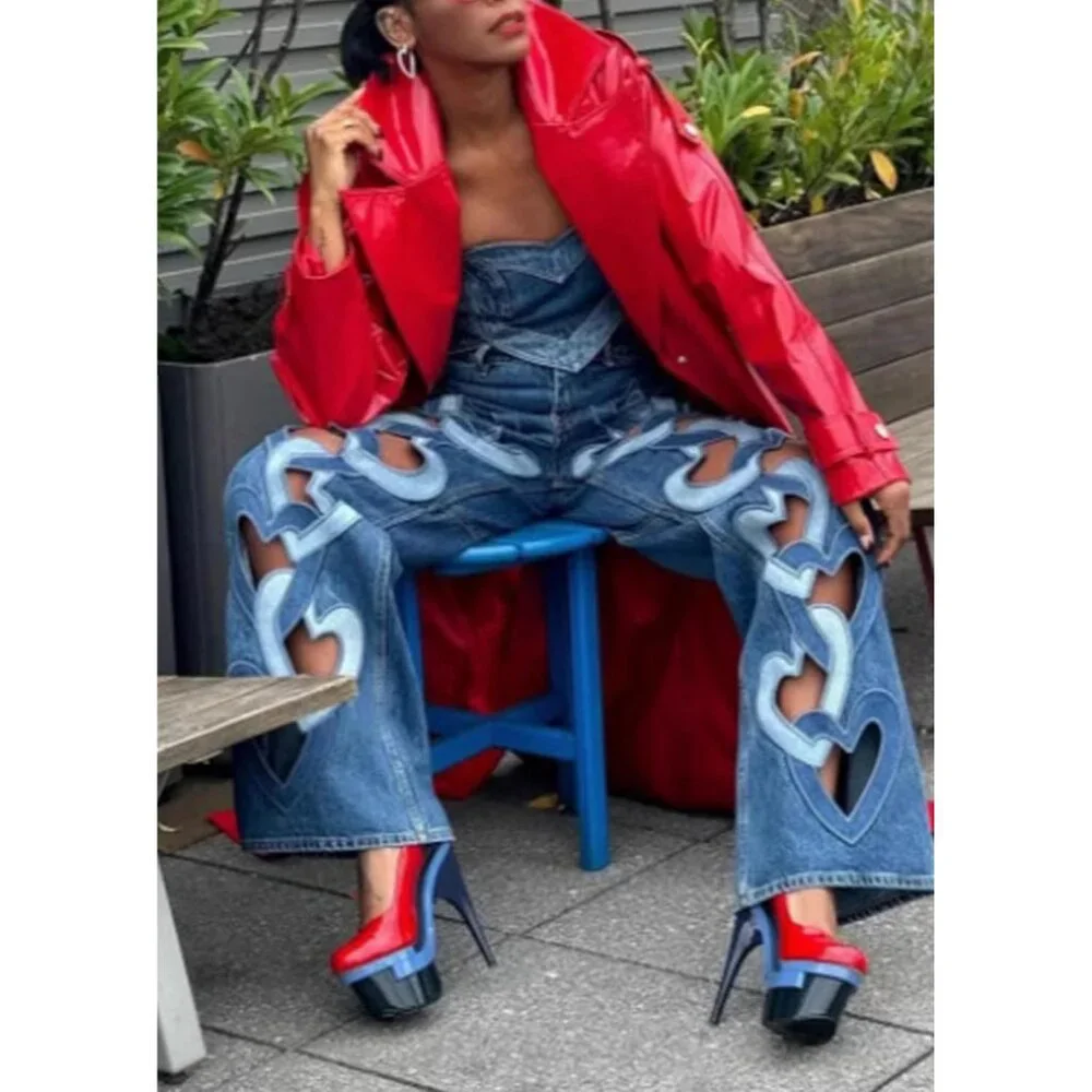 Womens Ripped Heart Cutout Baggy Jeans High Waisted Wide Leg Denim - Picture 2 of 6